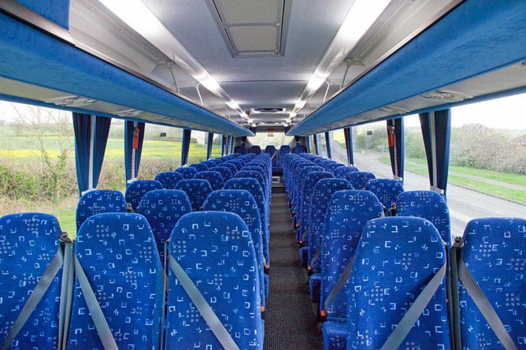 Blue interior of a 70-75 seater coach